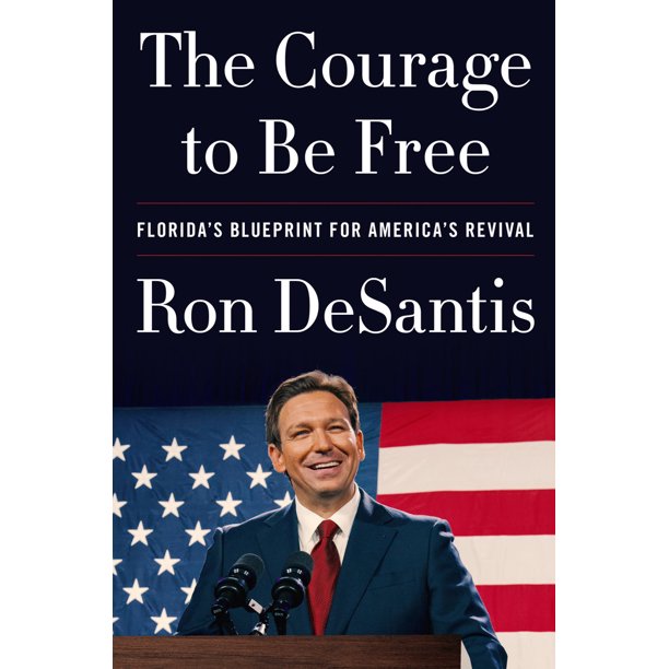 DeSantis himself is featured standing behind a podium as if giving a speech. He is in a suit with a red tie and in the background is the American flag.