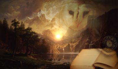An outdoor landscape of cliffs and trees is displayed with the picture of an owl in the clouds and a book at the bottom righthand corner. In the photo the sun appears to be either rising or setting.