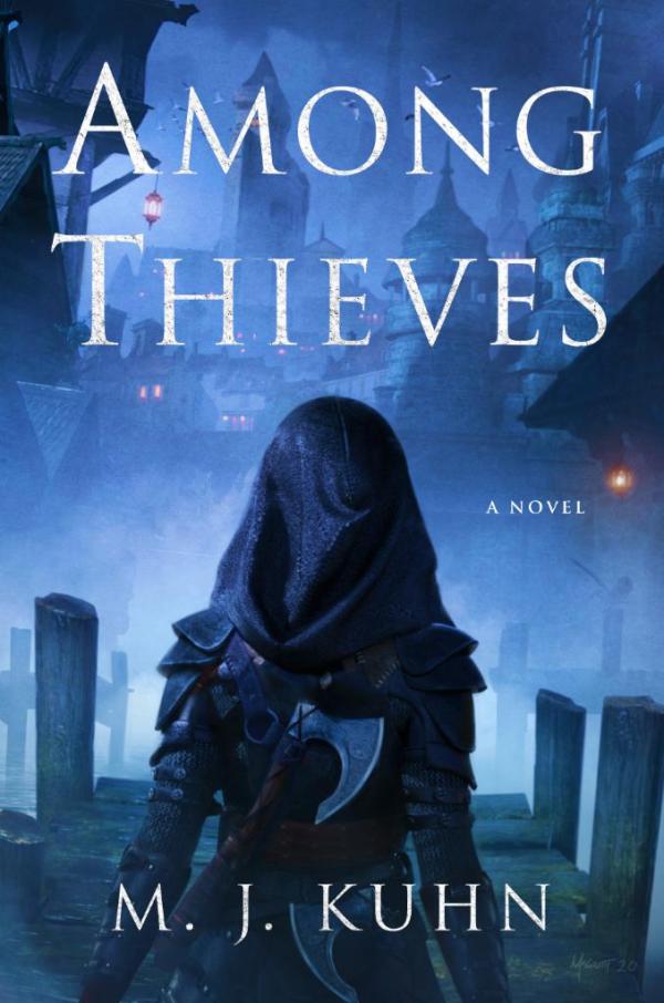 A hooded figure with an ax secured to their back is pictured on the cover. As they walk across a wooden bridge, they face away from the reader towards a foggy cityscape.