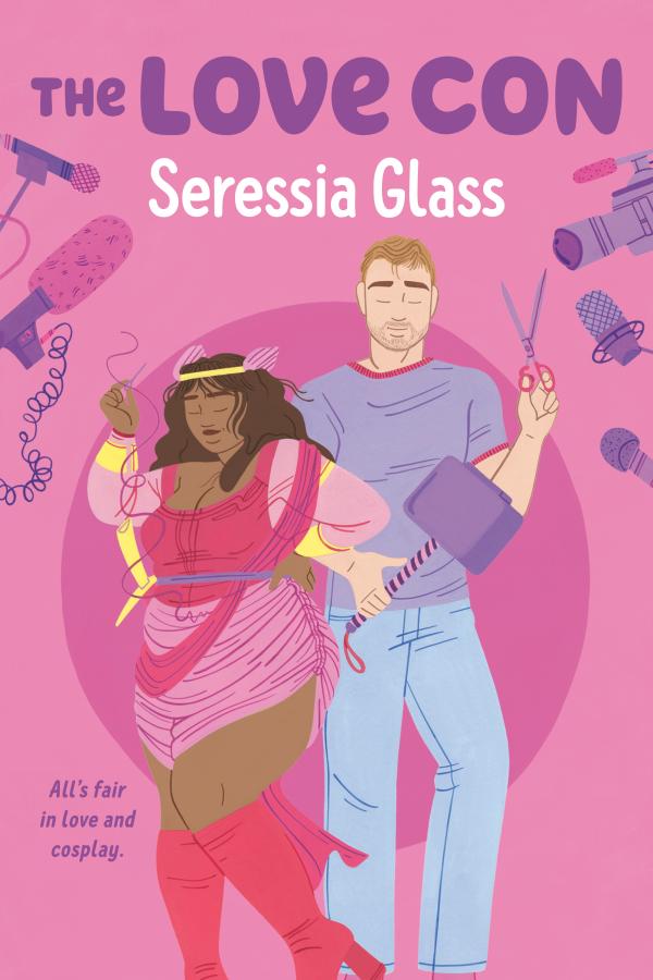 Bright pink cover features a biracial couple - the woman in cosplay and the man awkwardly  holding a pair of scissors and Thor's hammer with cameras and microphones surrounding the edges of the cover. 