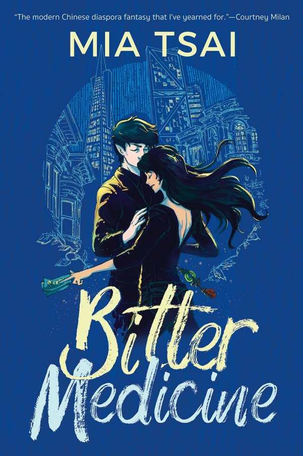 A man with pointed ears and a woman embrace against the backdrop of a city landscape. The cover is blue with the title and author fonts standing out in a light yellow color.
