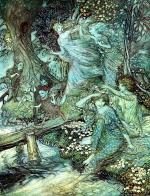 Vintage illustration of green and blue toned fae playing by a stream.